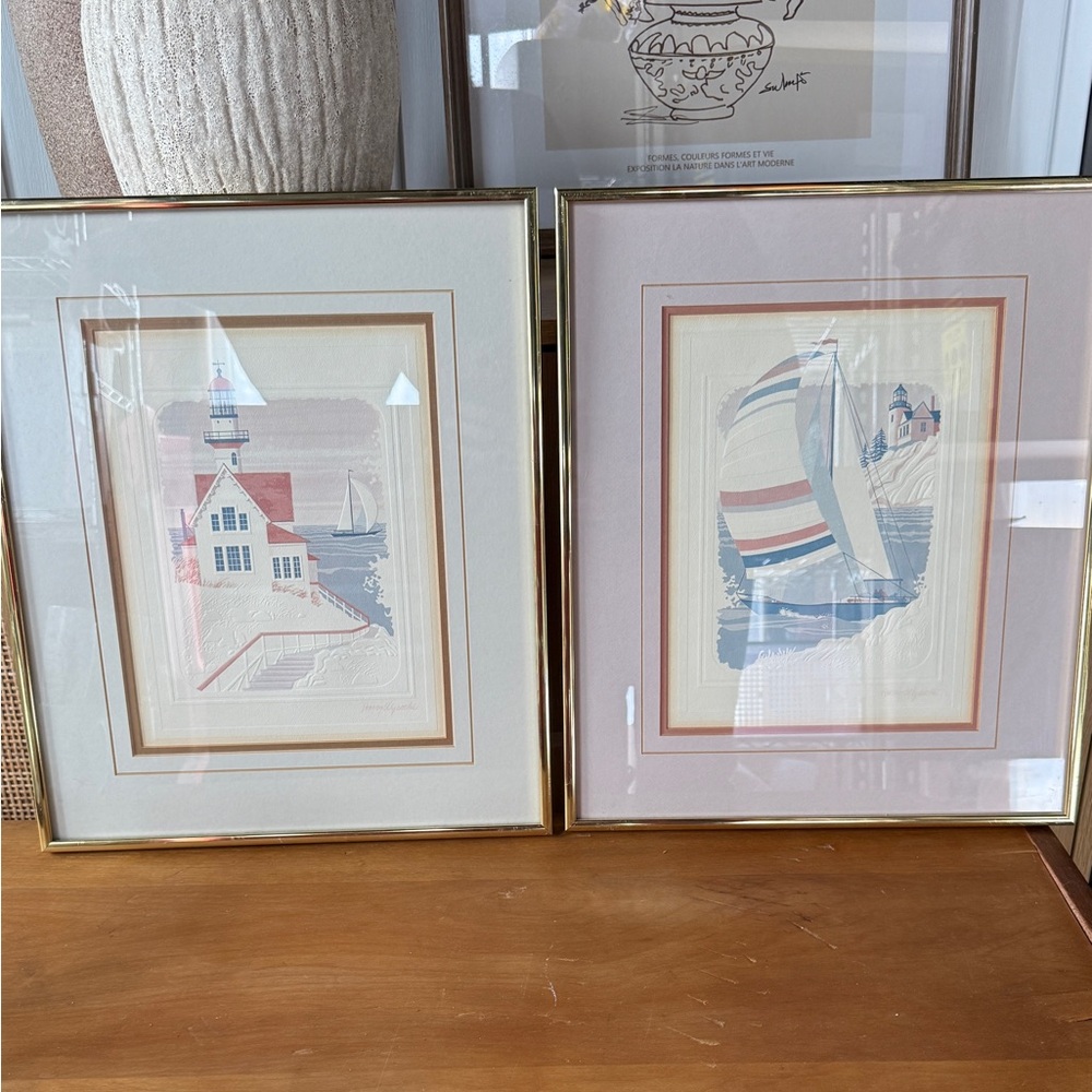 Vintage Martin Wiscombe Folk Art Nautical Prints Set of 2 Sailboat & Lighthouse